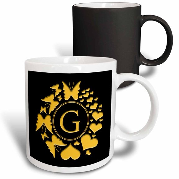 3drose, Hearts and Butterflies Monogram. Gold on Black. Great Letter G, 11oz Magic Transforming Mug