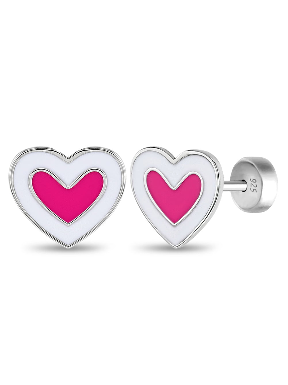 Hearts Baby / Toddler / Kids Earrings Safety Push Back Enamel - Sterling Silver