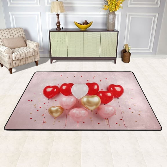 Hearts Balloons in Pink Area Rug Washable 72 x 48 Floor Carpet Mat Non Slip for Bedroom Living Room Kids Room Home Decor
