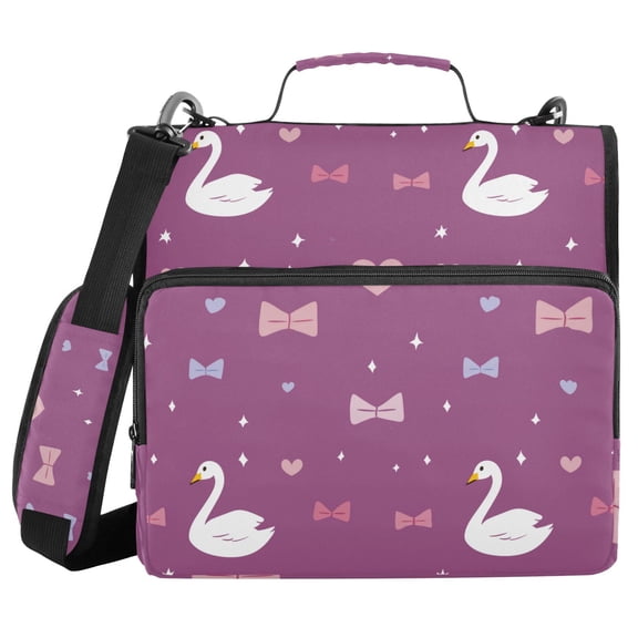 Hearts Bows Swan Valentine Binder Bag with Shoulder Strap 3 Ring Zipper Binder File Folder Document Storage