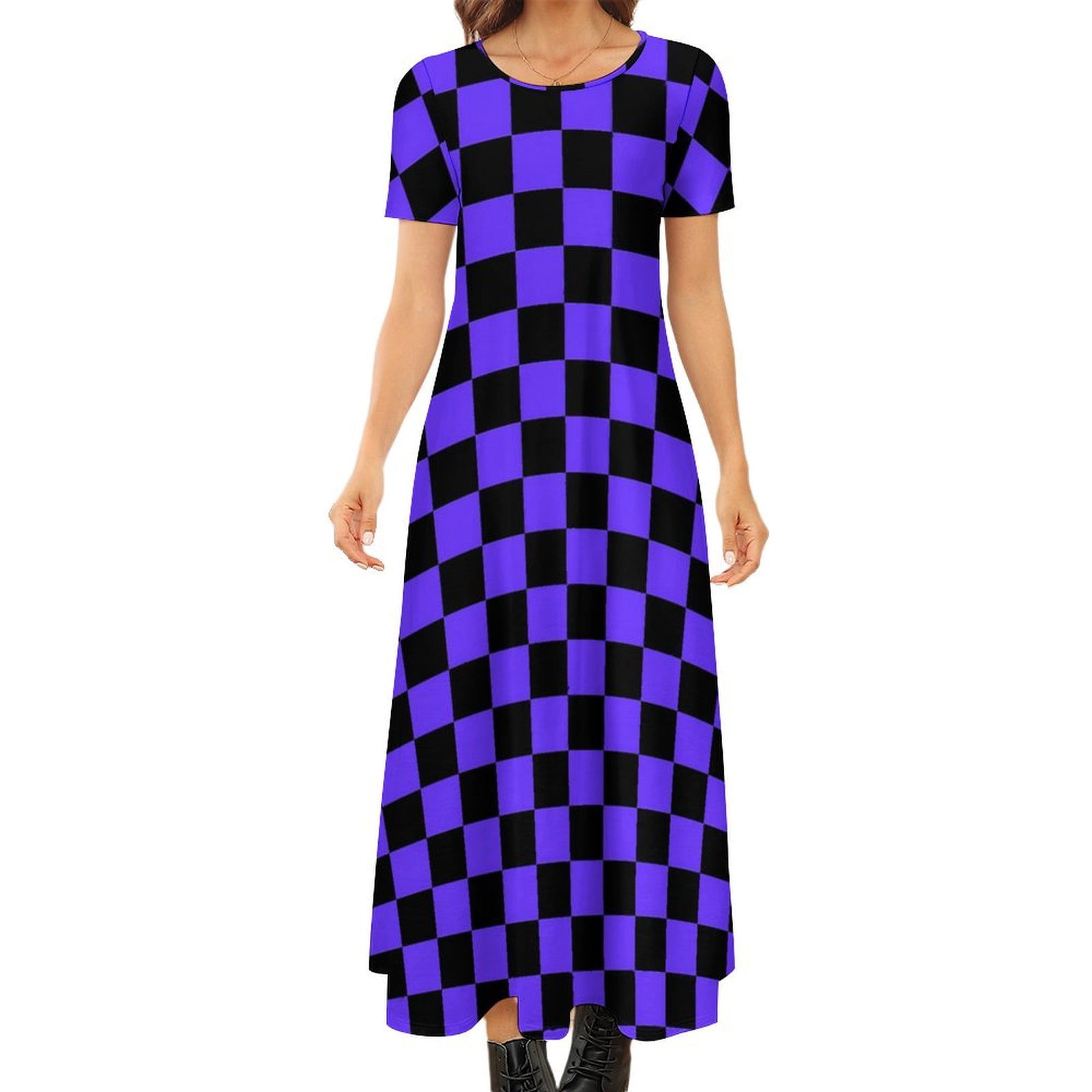 Hearts Check Print Dress Black White Party Maxi Dress Short Sleeve — free download