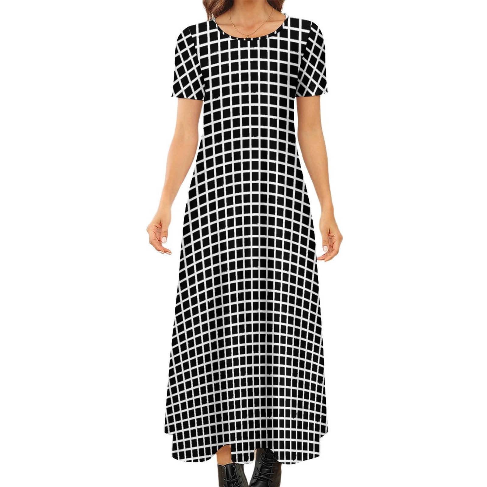 Hearts Check Print Dress Black White Party Maxi Dress Short Sleeve — free download