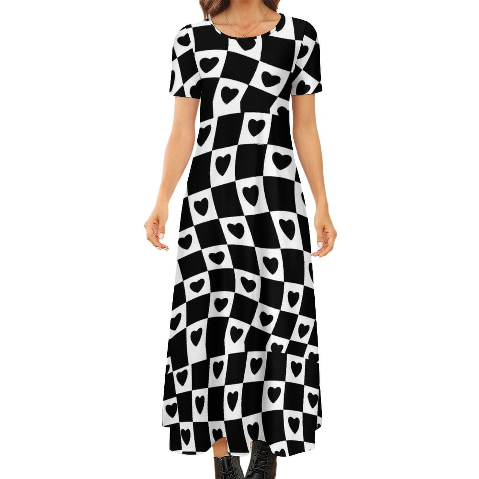 Hearts Check Print Dress Black White Party Maxi Dress Short Sleeve — free download