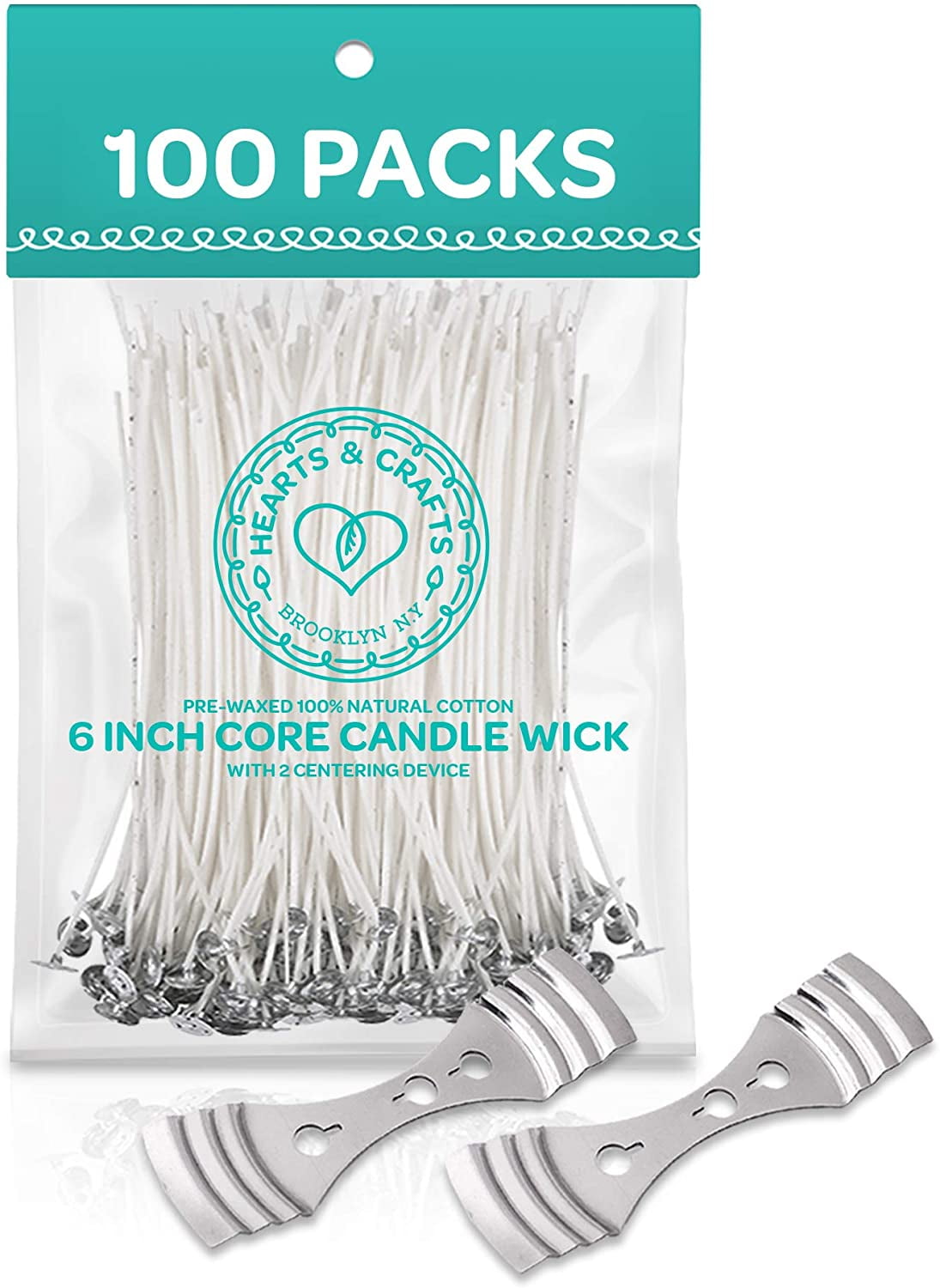 Hearts & Crafts Candle Wicks - 100% Natural Cotton, Pre-Waxed, Low Smoke 6 inch Wicks for DIY Candle Making, 100 Wicks Plus 2 Centering Devices
