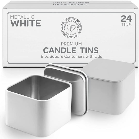 Hearts & Crafts Square 24 Tin Candle Tins with Lids for Candle Making - 8oz - White