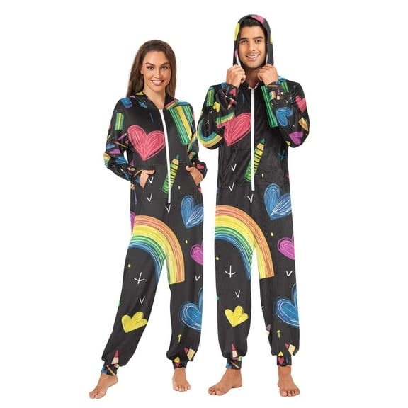 Hearts Crayons Rainbows Adult Onesie Pajamas Slim Fit Christmas One Piece Suit Pjs for Women and Men Hooded Zipper