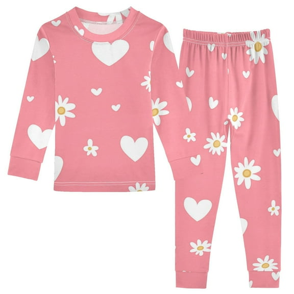 Hearts Daisies Flowers Valentine Cotton Pajama Set Long Sleeve Top and Pants Sleepwear Unisex 4T