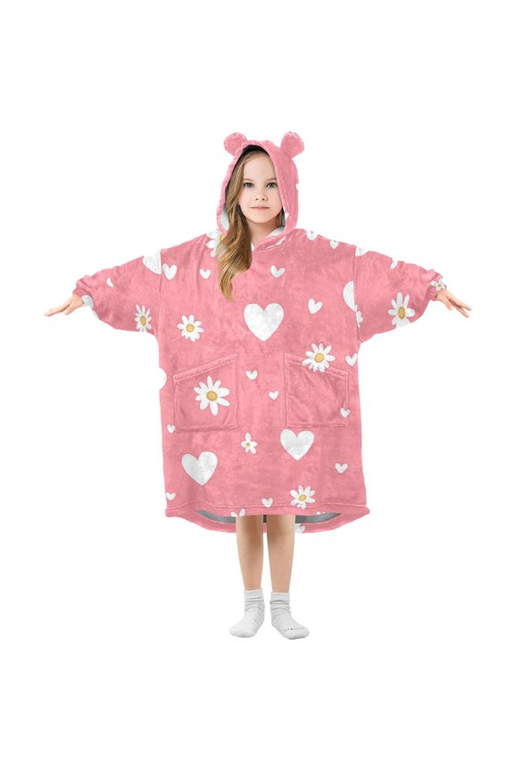 Hearts Daisies Flowers Valentine Flannel Wearable Blankets Hooded Design Long Sleeves Wrap Unisex for 3T-14Y M
