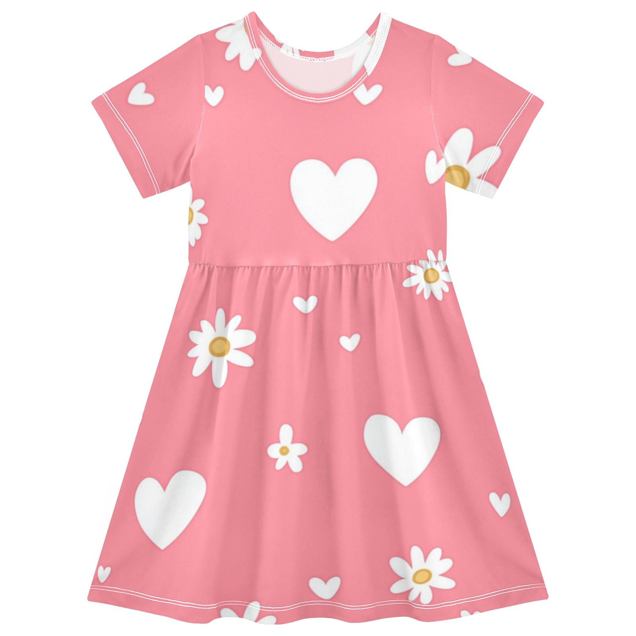 Summer Arrival Hearts Pattern Short Sleeves Dress for Stylish Girls