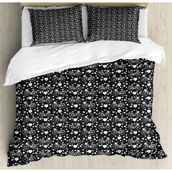 Hearts Duvet Cover Set, Bicycles and Heart and Romantic Scene Valentine's Day Theme, Decorative 3 Piece Bedding Set with 2 Pillow Shams, King Size, Dark Grey and White, by Ambesonne