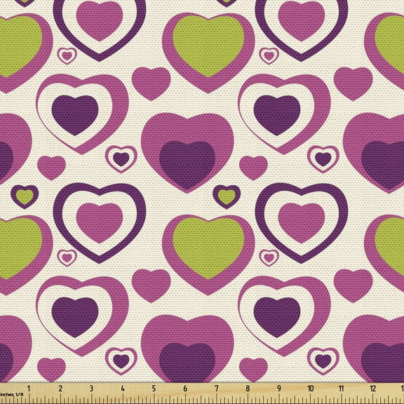 Ambesonne Hearts Fabric by the Yard Upholstery, Pastel Colors Love Shapes, 3 Yards, Dark Magenta Purple