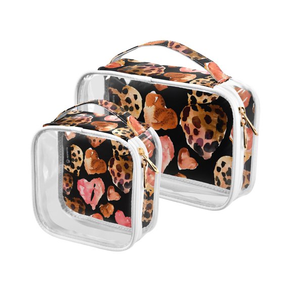 Hearts Leopard Skin Clear Cosmetic Bags with Handles PVC Toiletry Bags Zipper Waterproof Portable for Traveling 2 Pcs