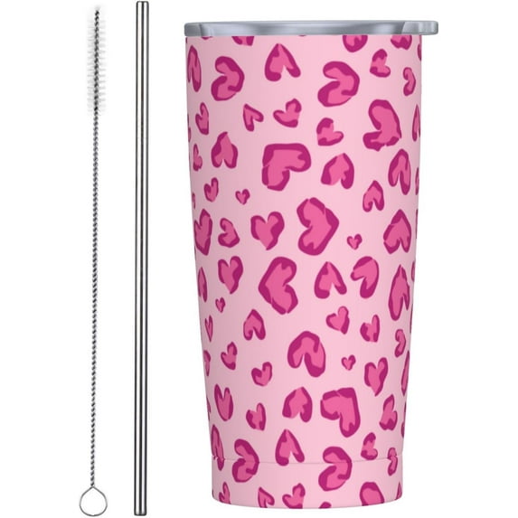 Hearts Leopard Tumbler 20oz Heart Stainless Steel Insulated Tumblers with Lid and Straw Cute Pink Travel Coffee Mug Tea Wine Cups Water Bottle Gifts for Women