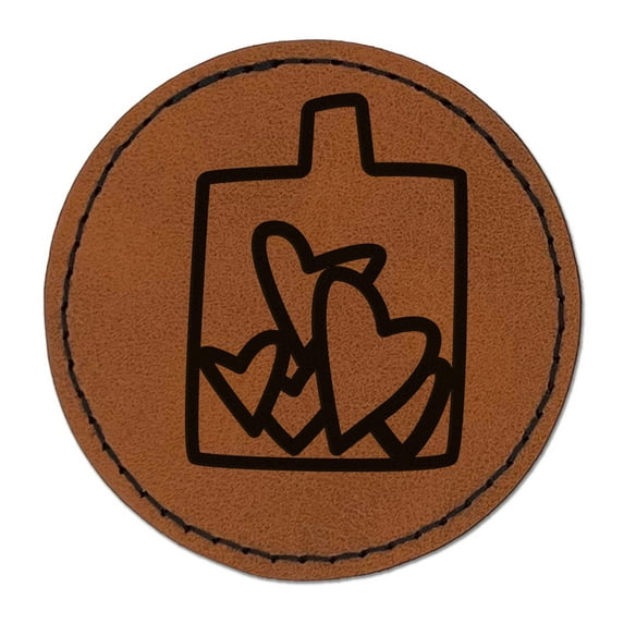 Hearts Love in Jar 2.5" Faux Leather Round Engraved Iron-On Patch - Brown