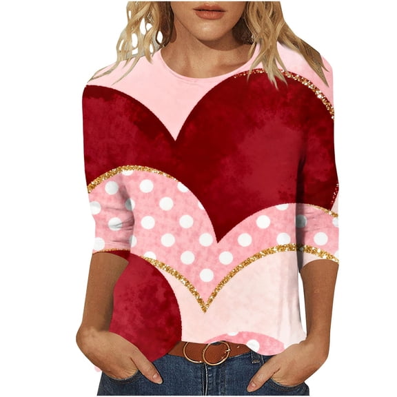 Hearts Patchwork Print 3/4 Sleeve T Shirt Womens Casual Top for Valentine's Day Graphic Tee