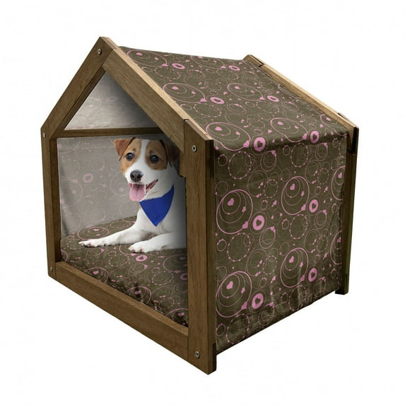 Hearts Pet House, Valentines Day Themed Ornate Romantic Pink Circles and Shapes on Dark Background, Outdoor & Indoor Portable Dog Kennel with Pillow and Cover, 5 Sizes, Pink Brown, by Ambesonne
