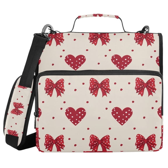 Hearts Polka Dots Bows Valentine Binder Bag with Shoulder Strap 3 Ring Zipper Binder File Folder Document Storage