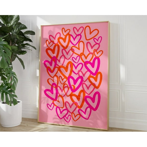 Hearts Print,Pink Orange Preppy Wall Art, Graffiti Hearts Colorful Poster, Trendy Funky Poster, Girly Room Decor, Couples Gift, Love Print Wall Art, Modern Wall Decor, 8x12 UNFRAMED