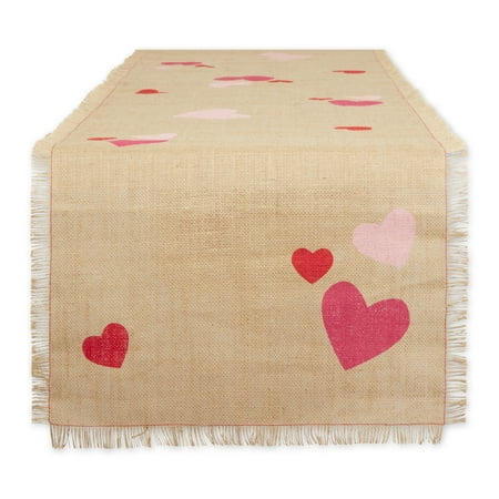 Multi-Color Hearts Printed Jute Fabric Table Runner 14x74