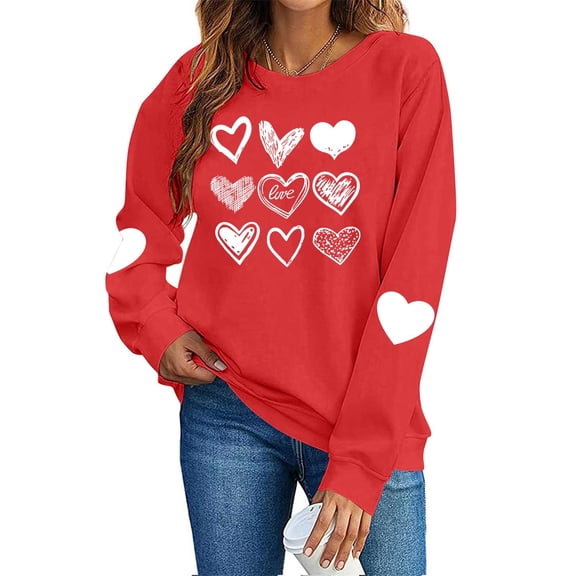Hearts Printed Tops for Women Cute Valentines Day Holiday Outfits Long Sleeve Crewneck Sweatshirt Lover Gifts (XS, Red)