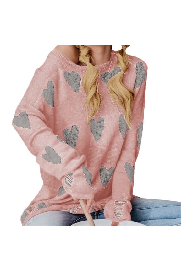 Women Loose Long Sleeve Hearts Printed Off Shoulder Knitted Pullovers Ripped Sweater