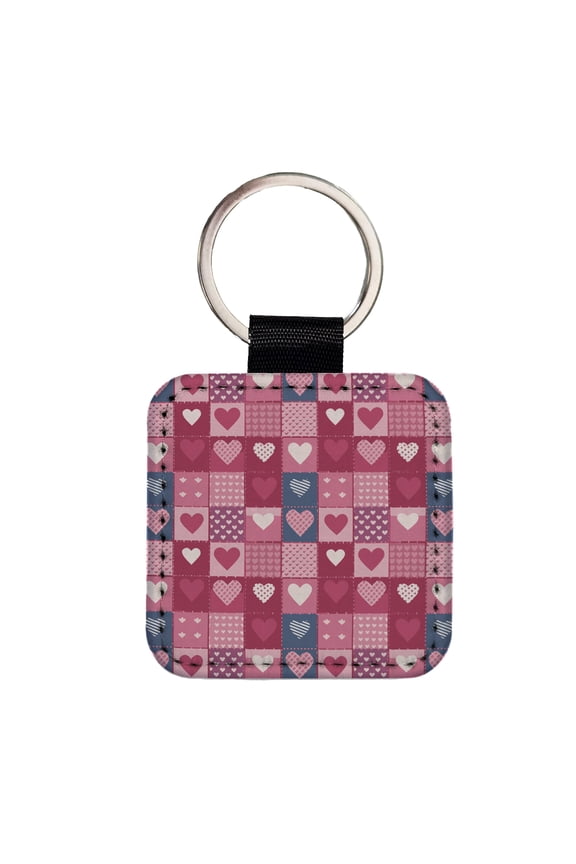 Hearts Quilt Valentines Day Anniversary Love Wedding Pattern Faux Leather Square Keychain