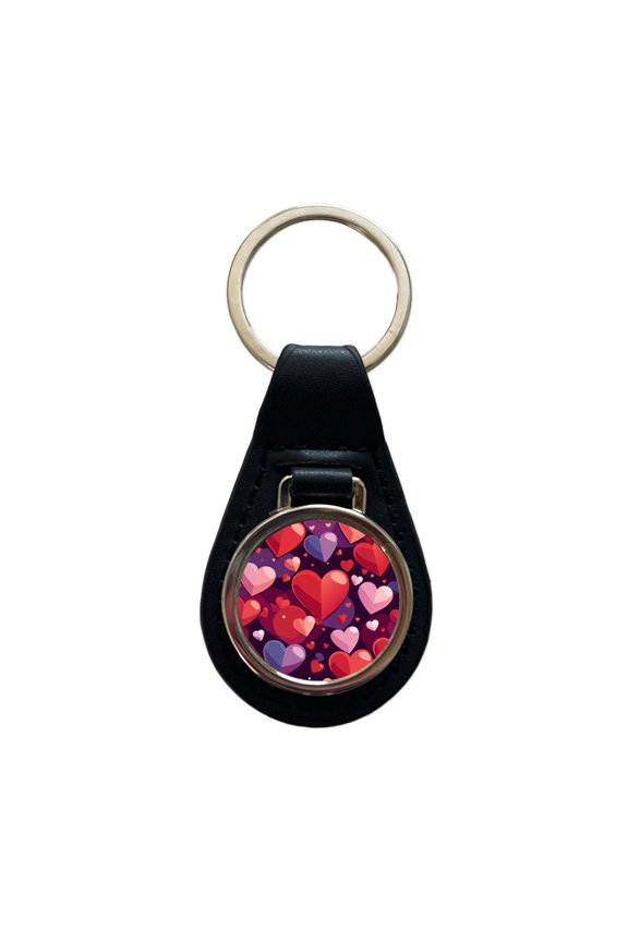 Hearts Scattered Love Valentines Anniversary Wedding Metal Black Leather Keychain