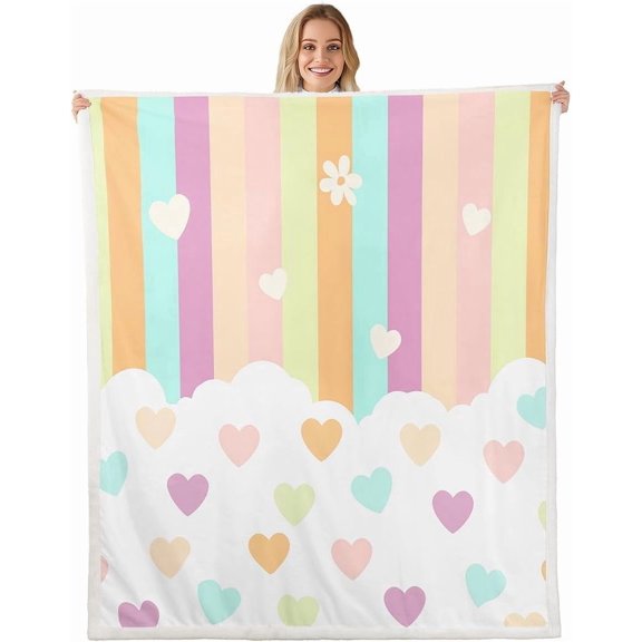 Hearts Sherpa Blanket Plush Fuzzy Rainbow Love Pattern Fleece Throw Blanket Boys Girls Colorful Geometric Stripes Purple Teal for Bed Couch Chair Living Room Bedroom Decor 30" x 40"