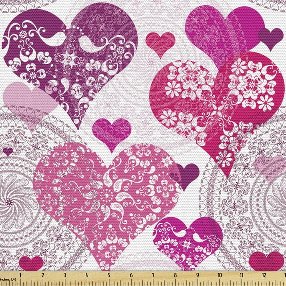 Ambesonne Hearts Fabric by the Yard Upholstery, Love Design, 2 Yards, Hot Pink Purple Pink