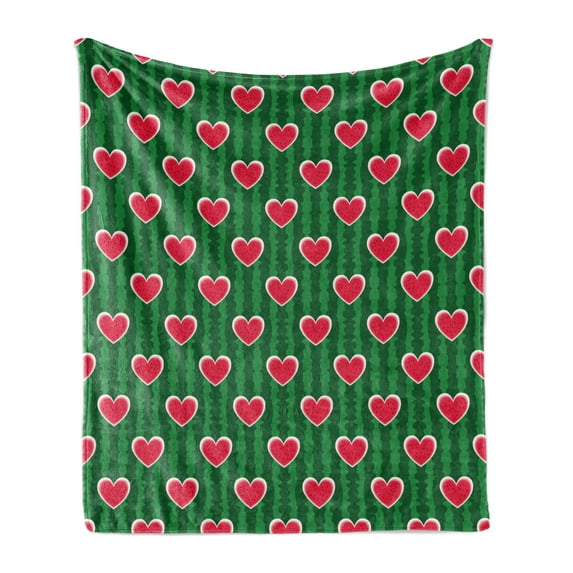Hearts Soft Flannel Fleece Throw Blanket, Love in Watermelon Pattern with Fruit Design, Cozy Plush for Indoor and Outdoor Use, 50" x 60", Apple Green Dark Coral, by Ambesonne