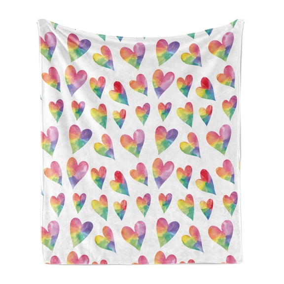Hearts Soft Flannel Fleece Throw Blanket, Rhythmic Abstract Lines of Ombre Rainbows Motifs 90's Style on Plain Background, Cozy Plush for Indoor and Outdoor Use, 50" x 60", Multicolor, by Ambesonne