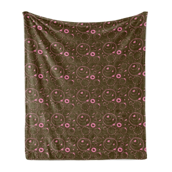 Hearts Soft Flannel Fleece Throw Blanket, Valentines Day Themed Ornate Romantic Pink Circles and Shapes on Dark Background, Cozy Plush for Indoor and Outdoor Use, 60" x 80", Pink Brown, by Ambesonne