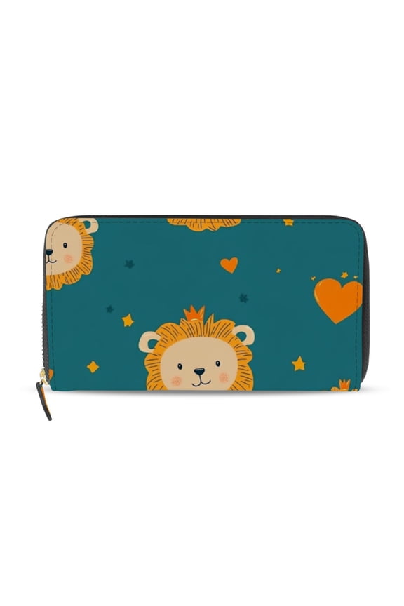 Hearts Stars Cute Lions with Crowns Women's Long Zipper Wallet Bifold Clutch Purse PU Leather Card Cases