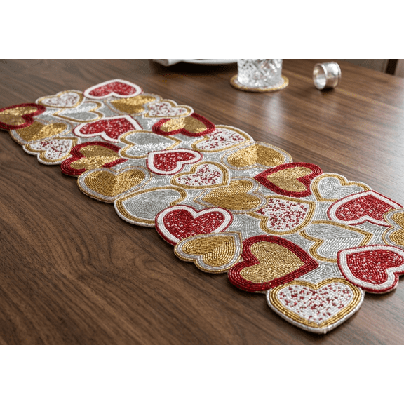 Hearts Table Runner, Handmade Beaded Table Runner, Multicolor Wedding Table Topper 13X36 Inch