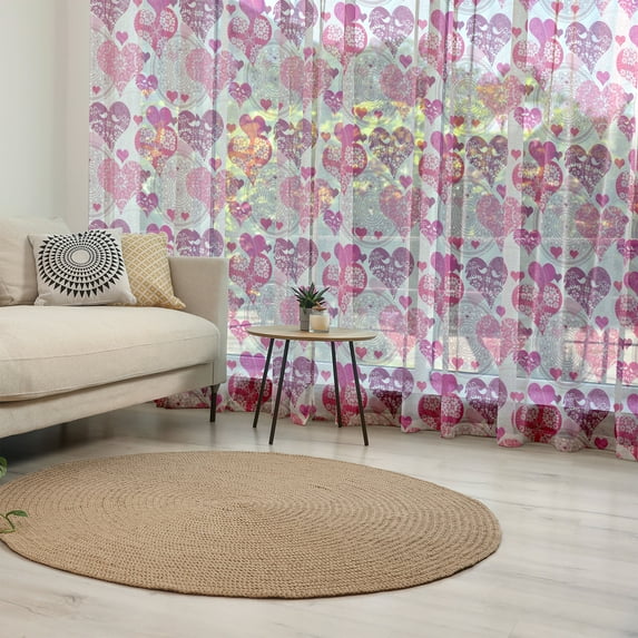 Hearts Tulle Curtains with Rod Pocket, Valentines Day Inspired Ornamental Love Pattern in Pink Tones, Sheer Drape for Wedding Party 2 Panels, 7 Sizes, Hot Pink Purple Pink, by Ambesonne