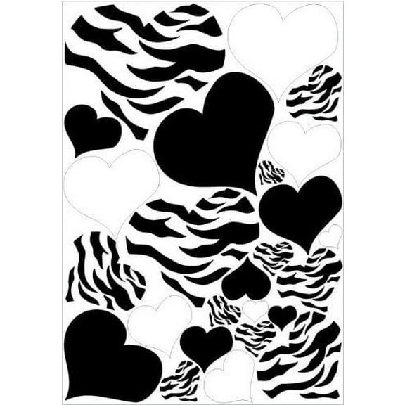 Hearts Zebra Print, Black, and White Heart Wall Stickers / 25 Heart Wall Decals / Decor
