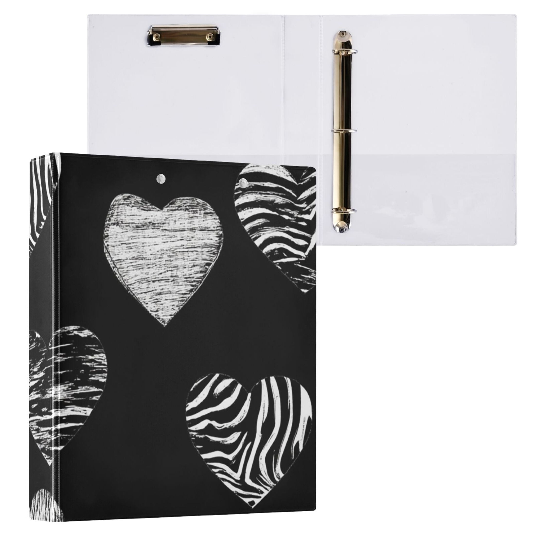 Hearts Zebra Stripes 3 Ring Binders 1.5 inch Hardcover File Folders with Interior Pockets A4 Size Organizer for School Office Hospital