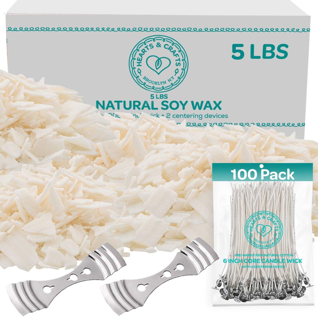Hearts and Crafts Soy Candle Making Kit 5 lb Natural Wax with 100 Wicks 2 Centering Devices