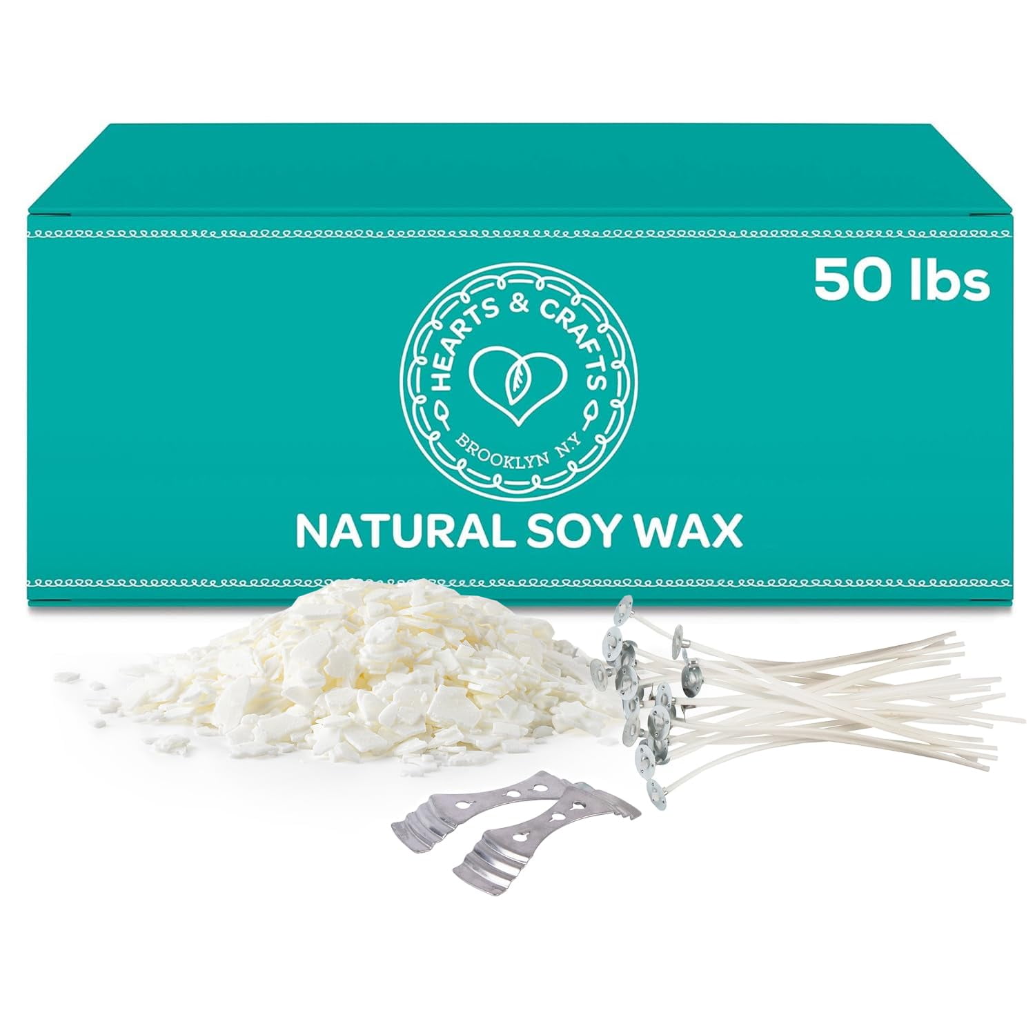 Hearts & Crafts Candle Making Kit - 50 lbs Soy Wax Flakes with 100 Pieces Pre-Waxed 6-Inch Wicks and 2 Metal Centering Devices - Premium DIY Candle Making Supplies