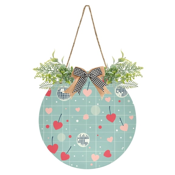 Hearts and Disco Balls on Blue Front Door Porch Decoration Hanging Sign with Artificial Green Plants and Bow for Home Outdoor Indoor