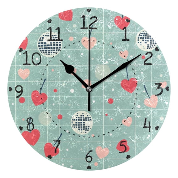 Hearts and Disco Balls on Blue Round Wall Clock Silent Battery Operated Home Decor for Living Room Bedroom