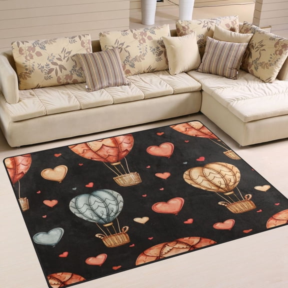 Hearts and Hot Air Balloons Area Rug Washable 80 x 58 Floor Carpet Mat Non Slip for Bedroom Living Room Home Decor
