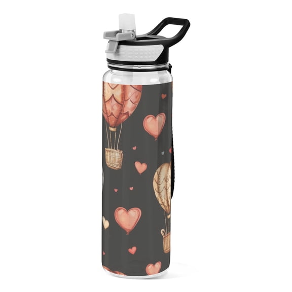 Hearts and Hot Air Balloons Sports Water Bottle Portable Travel Mug 32oz BPA Free Leak Proof Straw Transparent Tritan for Gym Yoga Cycling Camping