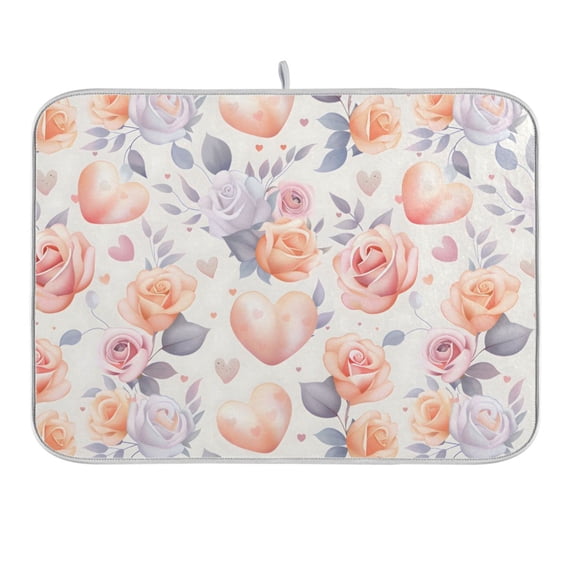 Hearts and Roses Dish Drying Mat 16x18 Absorbent Microfiber Draining Rack Pad for Kitchen Counter Sink