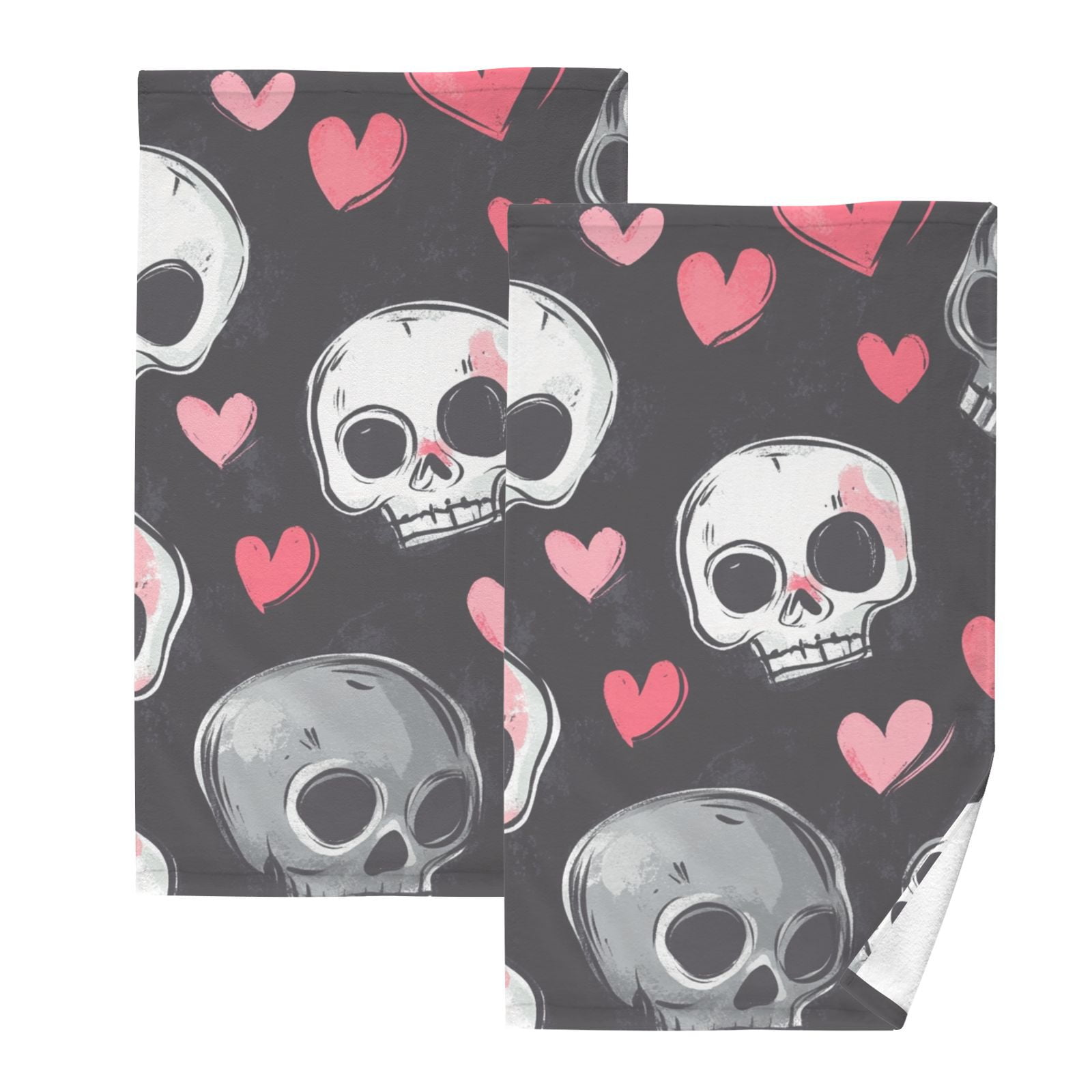 Hearts and Skulls Hand Towels Cotton Bath Towels Large Face Towels Absorbent for Bathroom 2 Packs