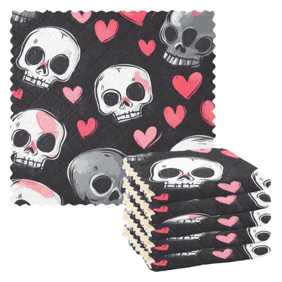Hearts and Skulls Kitchen Towels 6 Pcs Dish Towels Absorbent Soft Quick Dry Towel Dish Rags for Washing Dishes