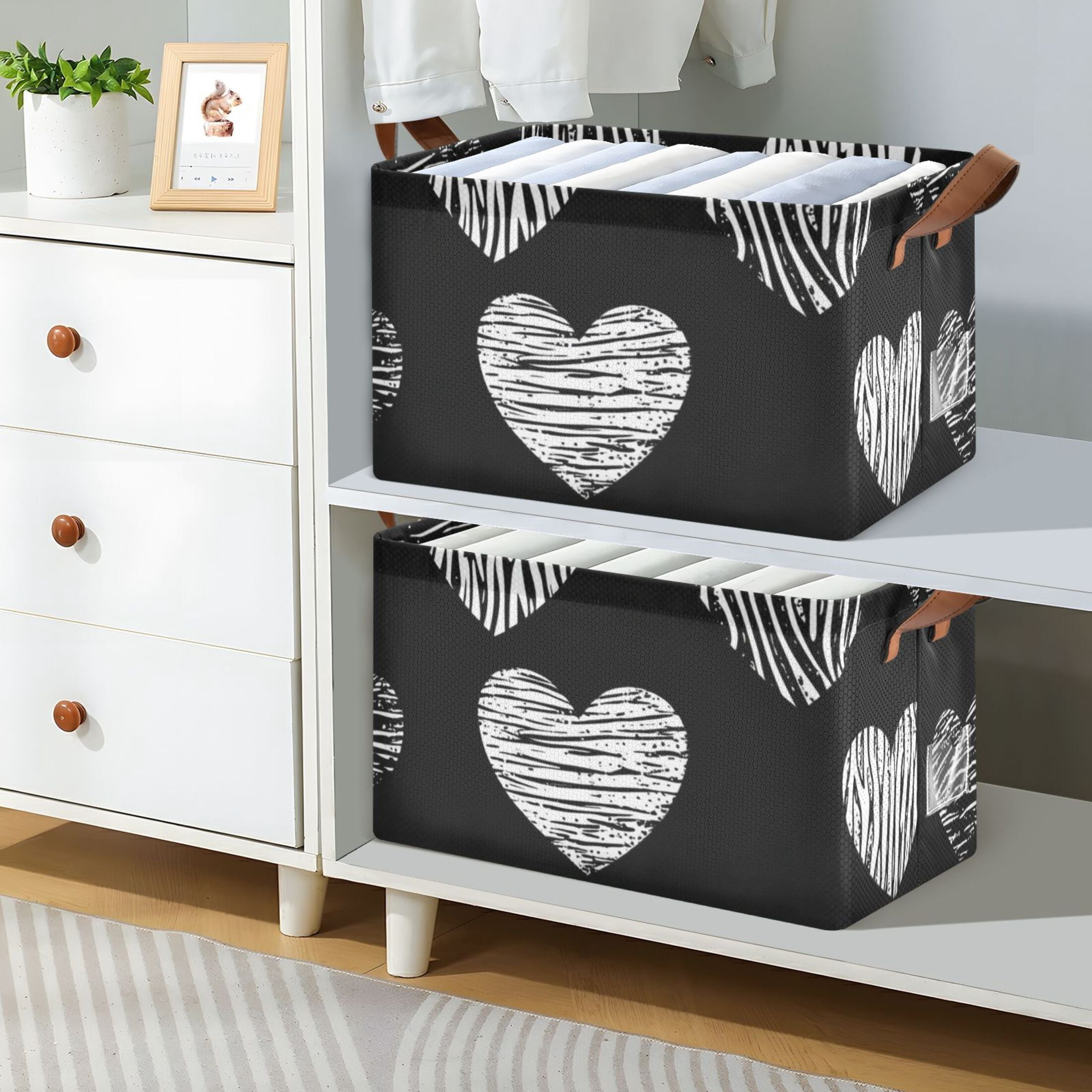 Hearts in Black Foldable Storage Large Fabric Storage Baskets Organizer Storage Bins with Handles for Shelves
