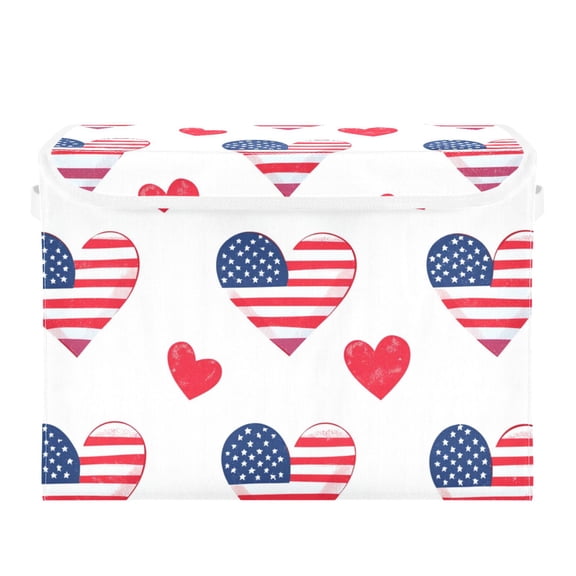 Hearts with Flag Pattern Design Independence Day Foldable Storage Bin with Lid and Handle Collapsible Storage Box 16.5 x 12.6 x 11.8 inches