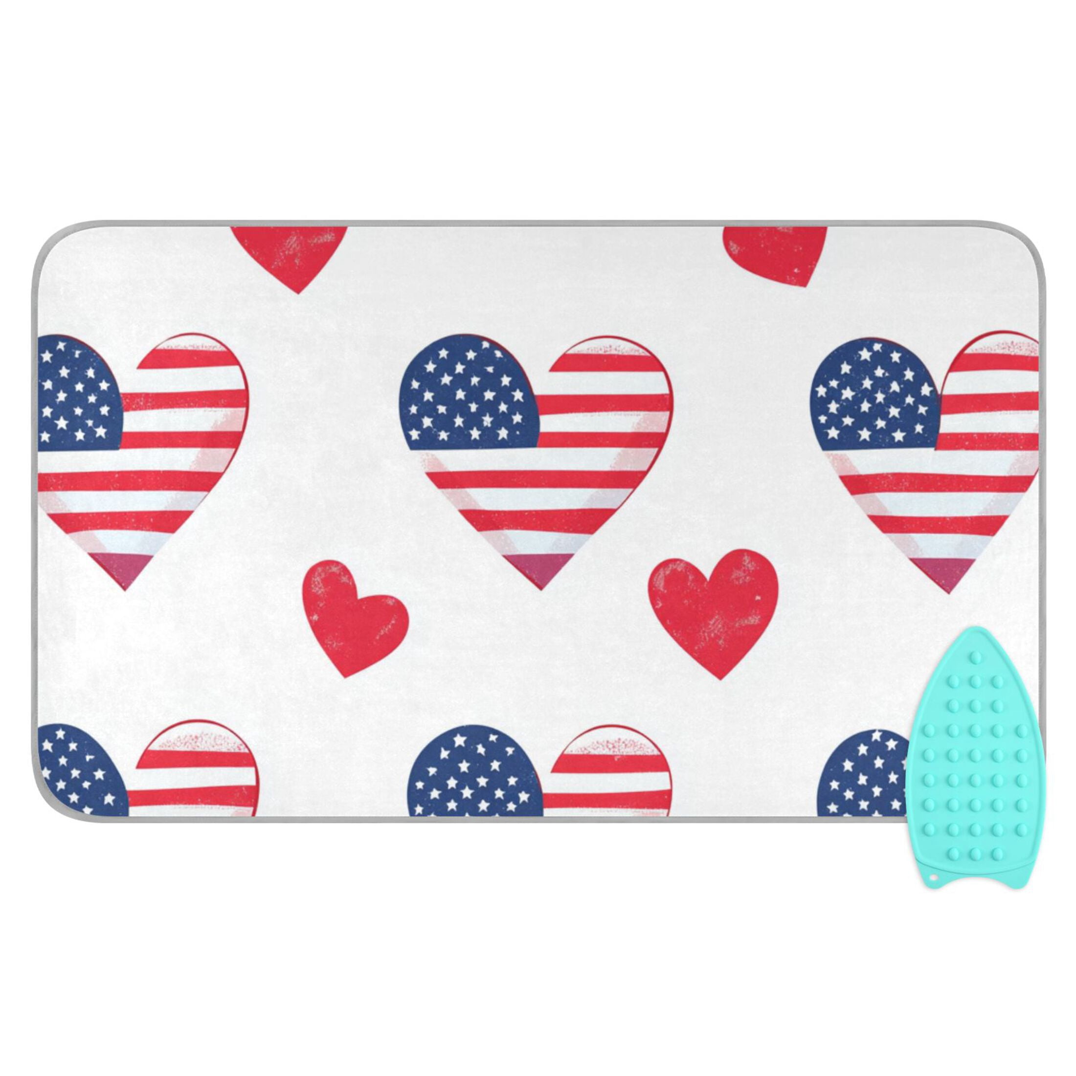 Hearts with Flag Pattern Design Independence Day Ironing Mat Blanket Portable Travel Ironing Pad Heat Resistant Pad 47.2" x 27.6”