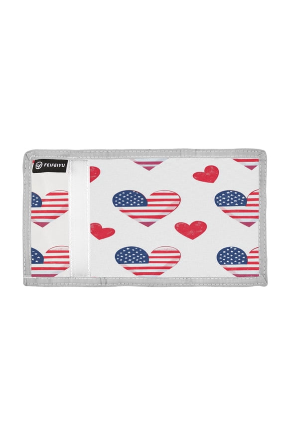 Hearts with Flag Pattern Design Independence Day Trifold Wallets Card Holders Coin Pockets with Lanyards Portable Unisex